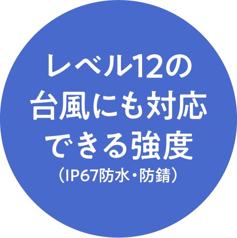 レベル12の台風にも対応できる強度（IP67防水・防錆）
